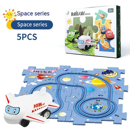 Children Puzzle Electric Railroad Speeder DIY Assembly Electric Car Automatic Rail City Scene Construction Education Toy Gift