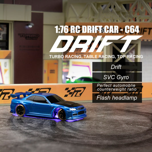 Kids & Adults Mini 2.4GHz 1:76 Scale RC Drift Car - Gyro Stabilized, Remote Control, 2 Bodies (Turbo Racing C64)